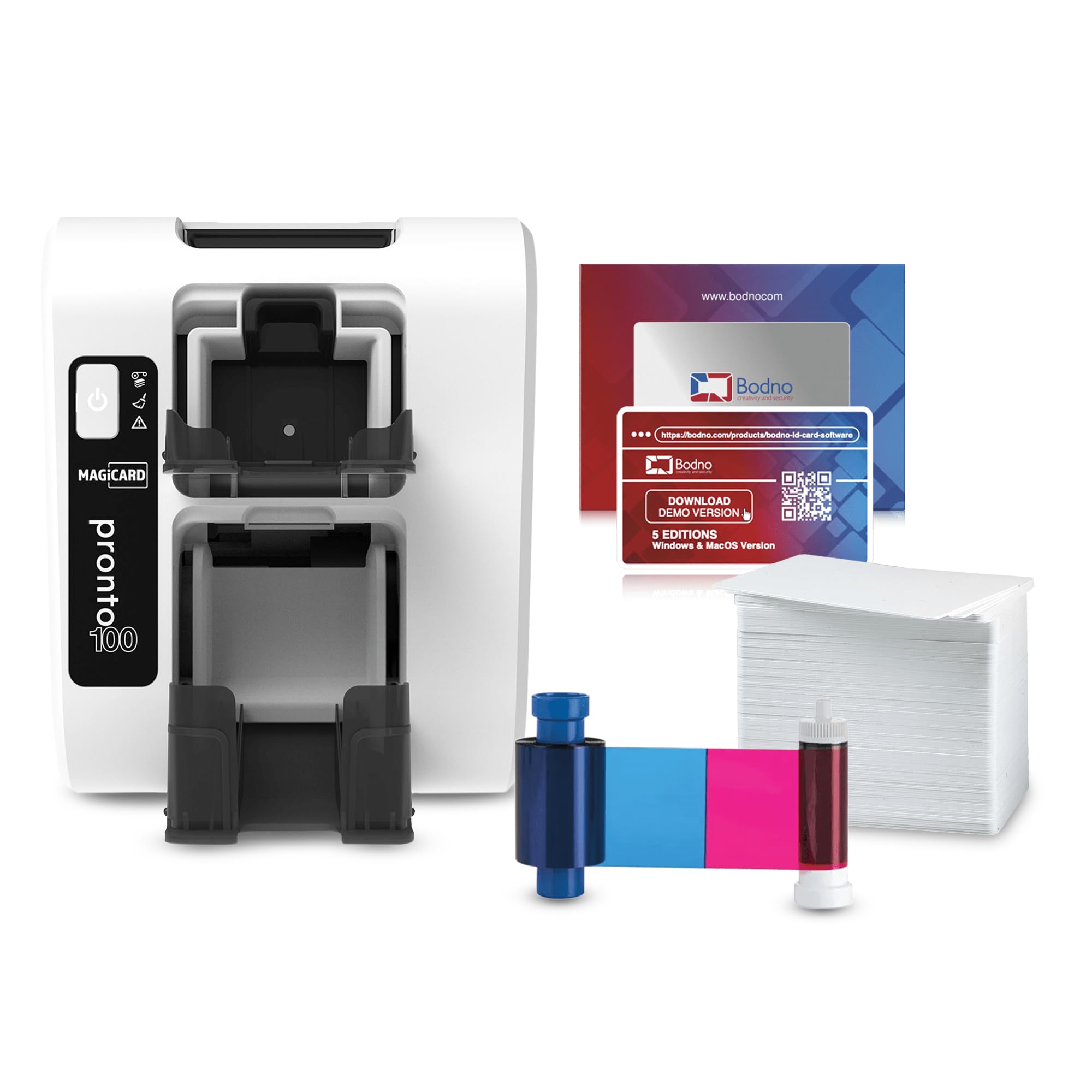 Bodno Magicard Pronto 100 ID Card Printer & Complete Supplies Package ID Software - Bronze Edition