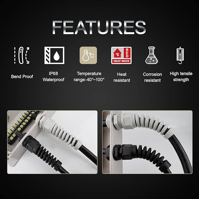 LeMotech 2Pcs NPT 3/4" IP68 Waterproof Cable Gland Flex Spiral Strain Relief Black Nylon Joint with Gaskets for 13-18mm Wire Thread