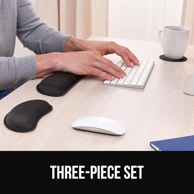 GORILLA GRIP Silky Gel Memory Foam Keyboard Wrist Rest for Computer and Mouse Pad, Ergonomic Design Typing Support, Desk Office Supplies, Hand & Arm Mousepad Cushion and Coaster, 3 Piece Set, Black