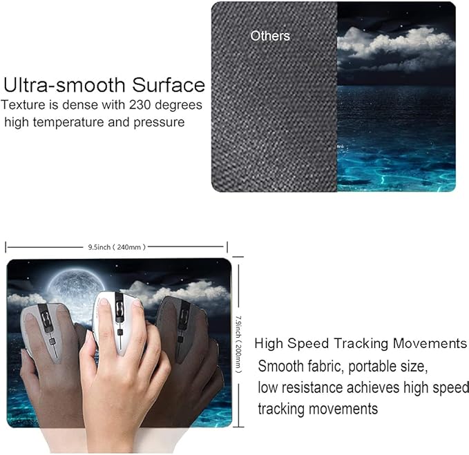 Mouse Pad, Ocean and Moon Mouse Pad, Square Waterproof Mouse Pad Non-Slip Rubber Base MousePads for Office Laptop, 9.5"x7.9"x0.12" Inch(Ocean and Moon)