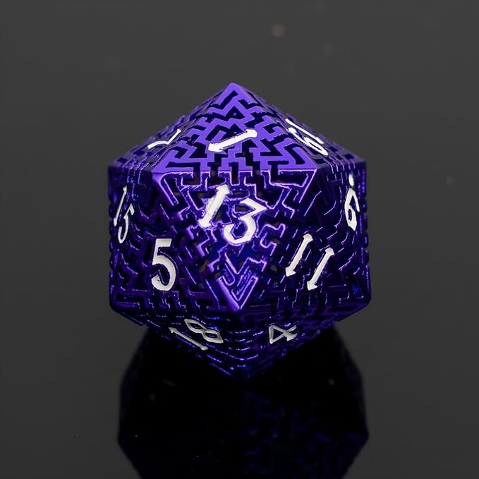 Purple Metal Hollow DND Dice Set (Warlock) Metallic Luster Maze Design with Storage Box - Balanced Weight 7 Piece Zinc Alloy, Designed for Dungeons and Dragons DM Player RPG Accessories