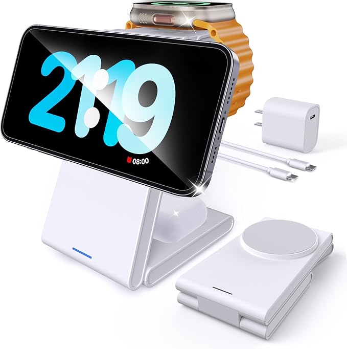 Foldable 3 in 1 Charging Station for Multiple Devices, Travel Wireless Charger for MagSafe Charger Stand, Magnetic Charging Stand for iPhone 16/15/14/13/12 for iWatch AirPods Pure White