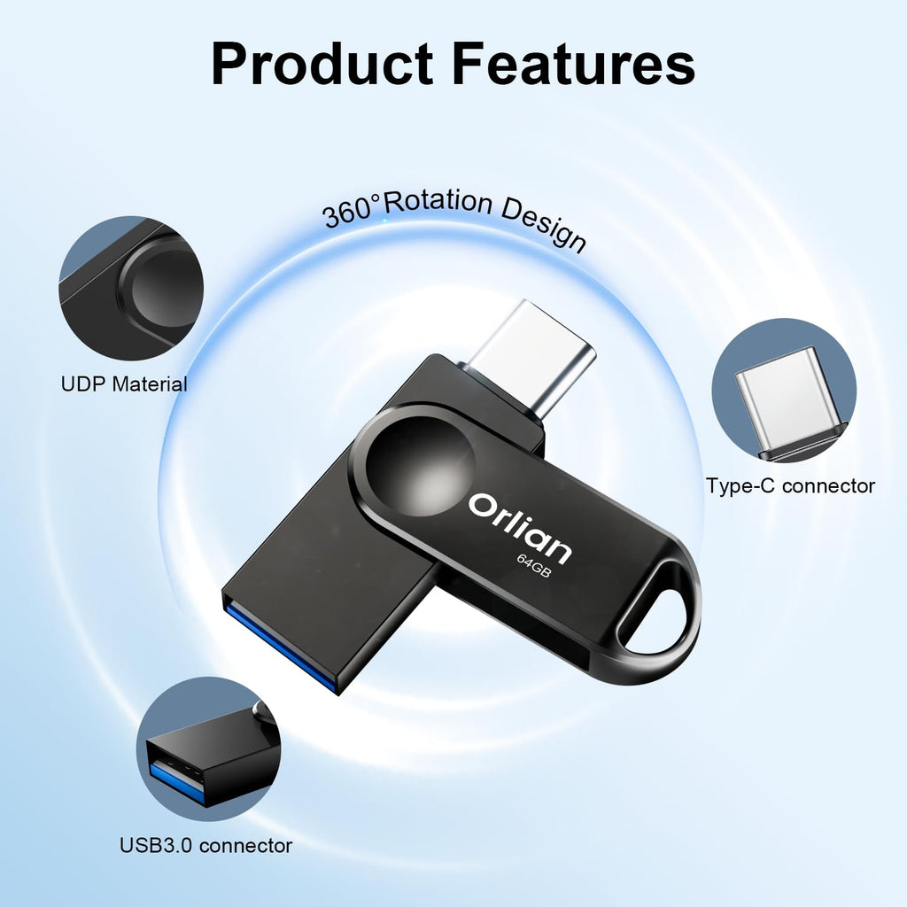 Orlian 64GB USB C Flash Drive Dual USB 3.0 Thumb Drive Type-C & USB-A up to 110MB/S Metal UDP Waterproof Swivel Design Memory Stick for Phone Android Tablet iPhone 15/16/17 Computer PC and More Black
