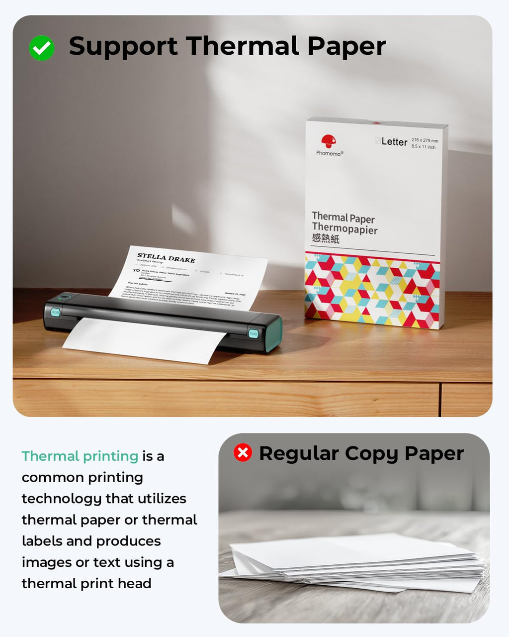 Phomemo M08F Portable Inkless Thermal Printer - 8.5'' x 11'' Letter, Black