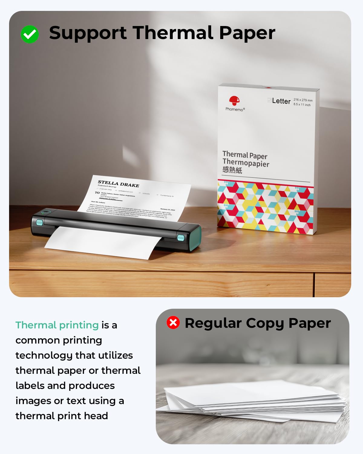 Phomemo M08F Portable Inkless Thermal Printer - 8.5'' x 11'' Letter, Black