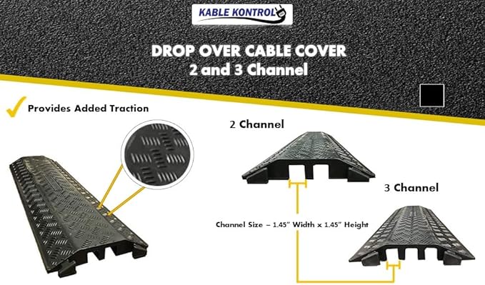 Kable Kontrol Drop Over Floor Cord Cover – 40” Inch Long 3 Channel Cable or Wire Protector – 10 Pcs Bulk Pack - Rubber Ramp for Indoor and Outdoor Use – Black