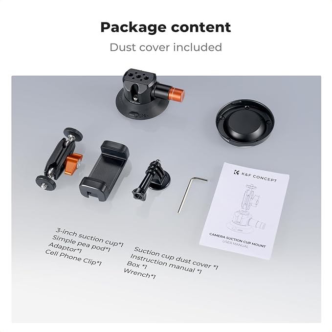 K&F Concept 3" Suction Cup Mount with 360° Double Ball Head Magic Arm, 1/4" Screw Threads, Quick Release Car Mount Compatible with DJI Insta360 for Action Camera Phone Video
