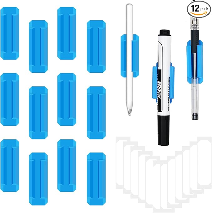 12 Pack Pen Holder for Desk, Silicone Pencil Holder with 12 Extra Adhesive Stickers, Adhesive Pen Holder & Marker Clip for Classroom Office Desk or Any Surface, Teacher Accessories Supplies (Blue)