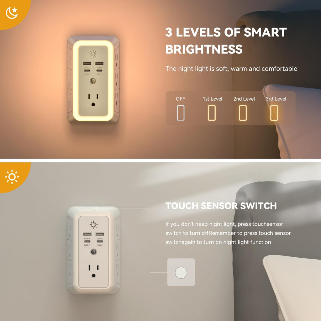Multi Plug Outlet, USB Wall Charger, Surge Protector, 7 Outlet Extender with 4 USB Charging Ports (2 USB C) 1680J Power Strips Outlets with Night Light, Wall Plug Adapter Spaced for Home Travel Office
