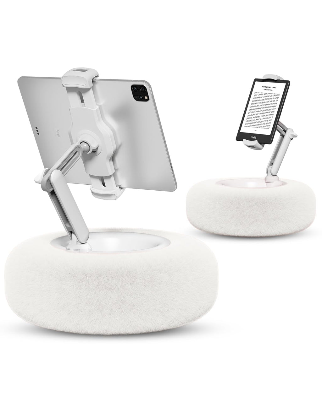 Viozon Tablet Stand Pillow, Compatible with 4.7"-13" Phone/Tablet, iPad, iPhone, Samsung, Google, Kindle, 360°Adjustable Phone Holder for Bed with Soft Plush Fabric, and Detachable Bowl, White
