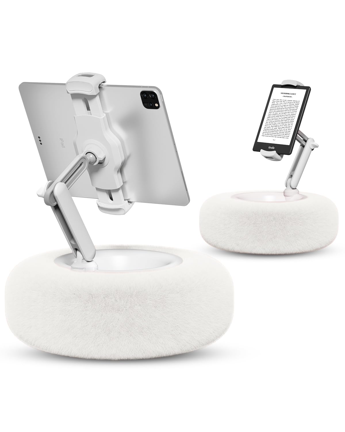 Viozon Tablet Stand Pillow, Compatible with 4.7"-13" Phone/Tablet, iPad, iPhone, Samsung, Google, Kindle, 360°Adjustable Phone Holder for Bed with Soft Plush Fabric, and Detachable Bowl, White