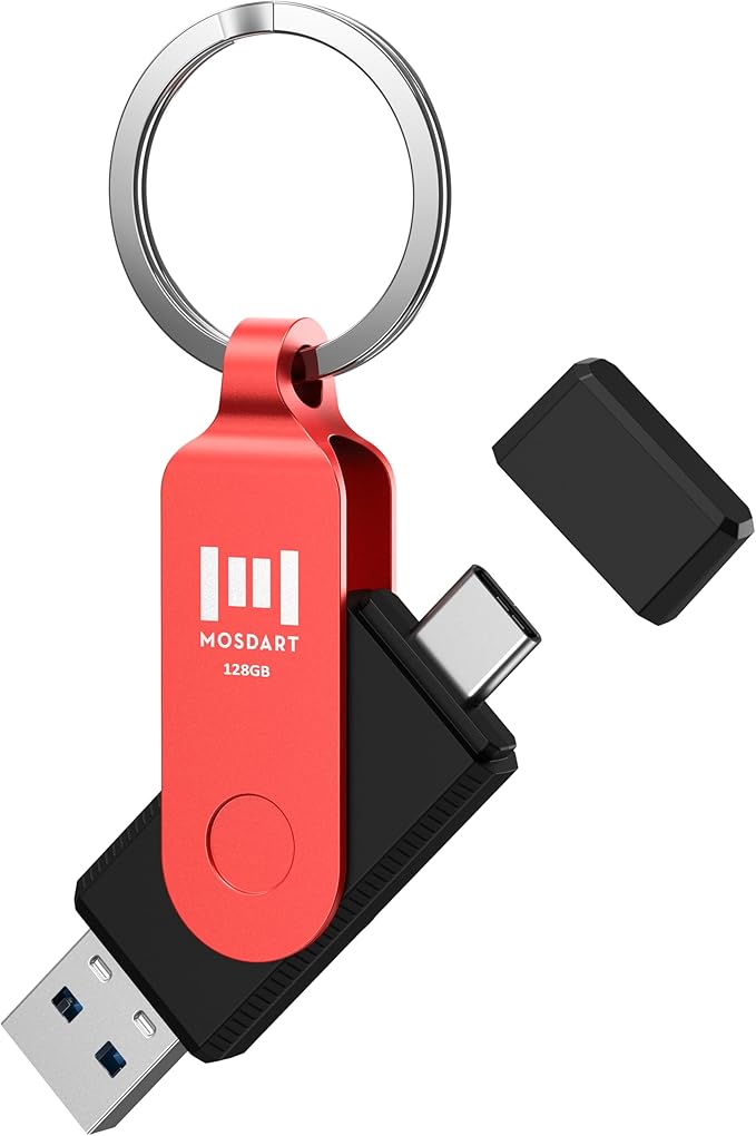 MOSDART 128GB USB3.1 Fast Speed C and A Dual Flash Drive, exFAT Memory Stick with Keychain and LED Indicator, for iPhone 15 and 16, Android Phone, iPad, MacBook, and Other Laptops, Red