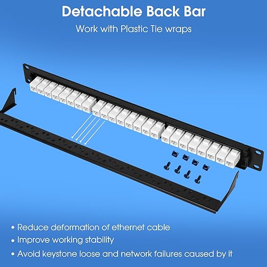 24 Port Keystone Patch Panel, 1U 19-inch RJ45 Network Patch Panel with Back Bar, Loaded with 24 Cat6 Couplers (White)