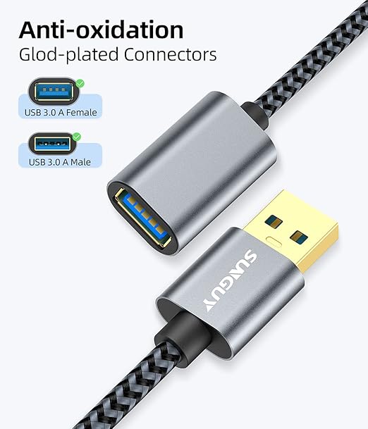 SUNGUY 5Gbps USB 3.0 Extension Cable, 1FT USB A Male to Female Extender Cord, Braided High Data Transfer Compatible with Xbox, Hard Drive, Webcam, USB Keyboard, Mouse, Flash Drive, Oculus VR
