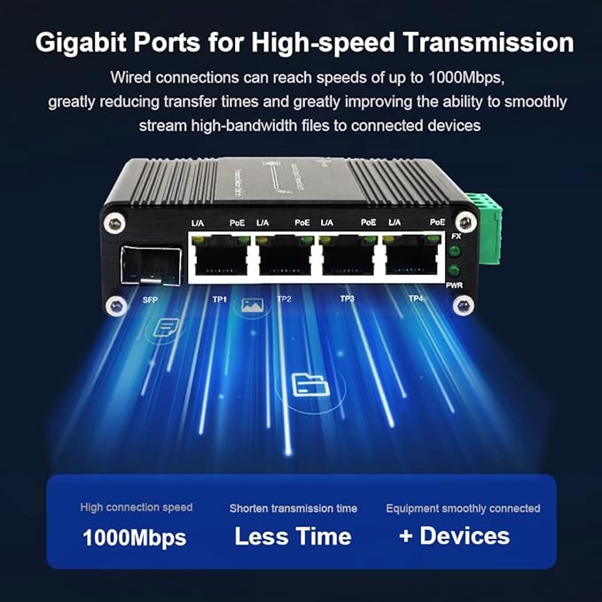 Mini Industrial 4 Port 10/100/1000Mbps Gigabit Ethernet POE + Switch with SFP Port Din Rail/Wall-Mount 4 Port 10/100/1000BASE-T RJ45 + 1 Port 100/1000FX (SFP) Support 12-48V DC