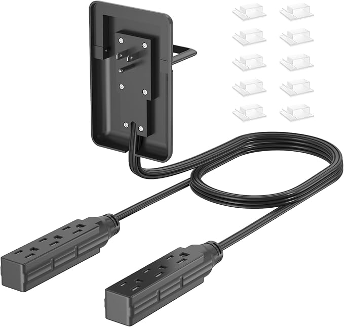 6FT Ultra Flat Plug Dual Extension Cord with 6 Outlets, Ultra-Thin Outlet Cover Power Bar, Outlet Concealer Universal Size Flat Plug Power Strip, Child & Pet Safe, 1625W, Black