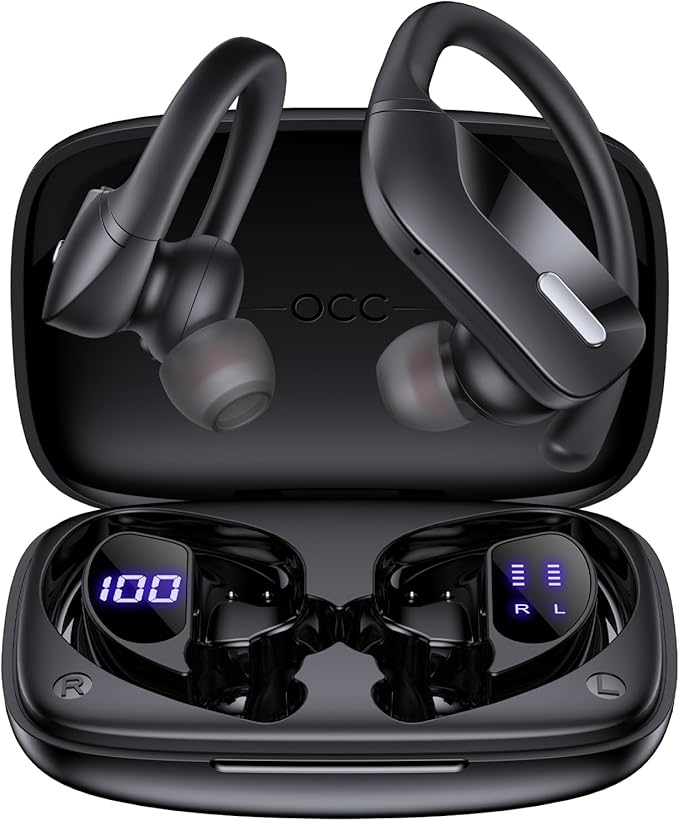 OCC Wireless Ear Hook Sport Earbuds, Bluetooth Headphones with Mic, IPX5 Waterproof, 80H Playtime, Deep Bass, Secure Fit for Running Gym Workout - Black