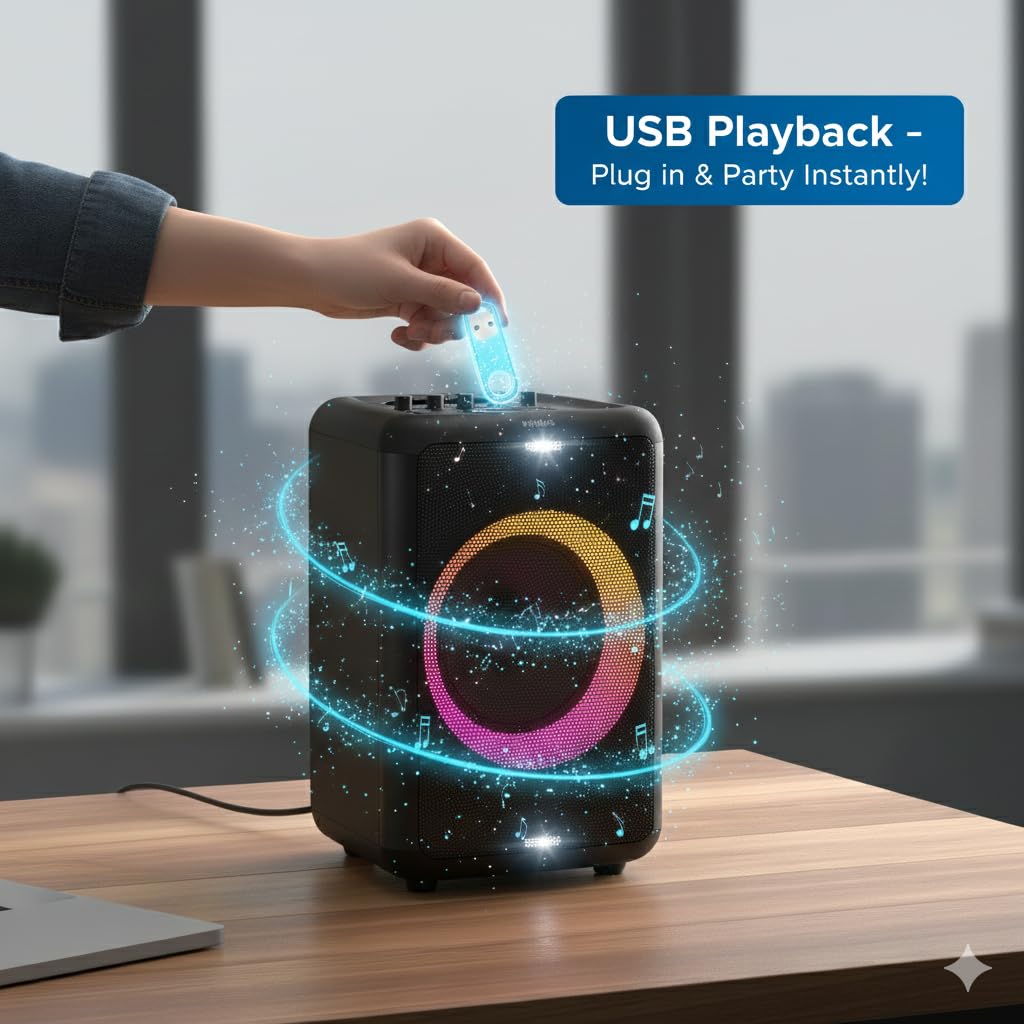 Philips X3206 Bluetooth Party Speaker - 14 Hours Play Time, Deep Bass, Party Lights, Karaoke Effects, Mic & Guitar Input, 80W Max Power, Black
