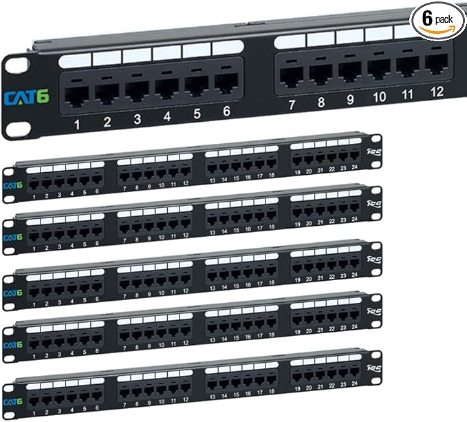 ICC CAT6 Patch Panel, UL Listed & PoE++ Rated Gigabit Applications, Rackmount 24 Port 1U 19-Inch Network Patch Panel with Rear 110 IDC Terminal Blocks for Gigabit Network Switch, Black, Pack of 6
