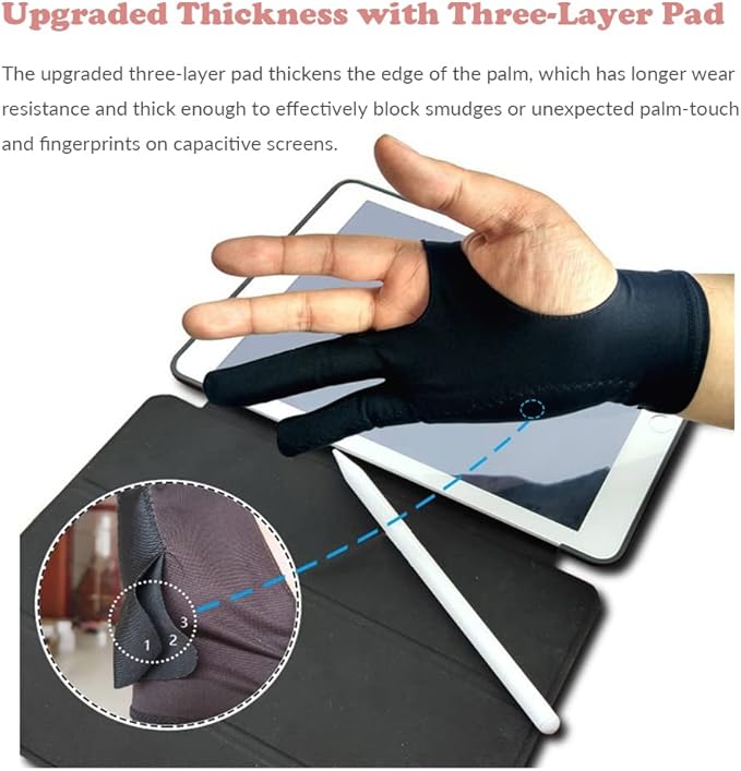 Drawing Glove, 3-Layer Palm Rejection Digital Art Glove for Graphic Tablet, Artist Gloves with Two Fingers for iPad, Paper Sketching, Smudge Guard (2 PCS, Lager)