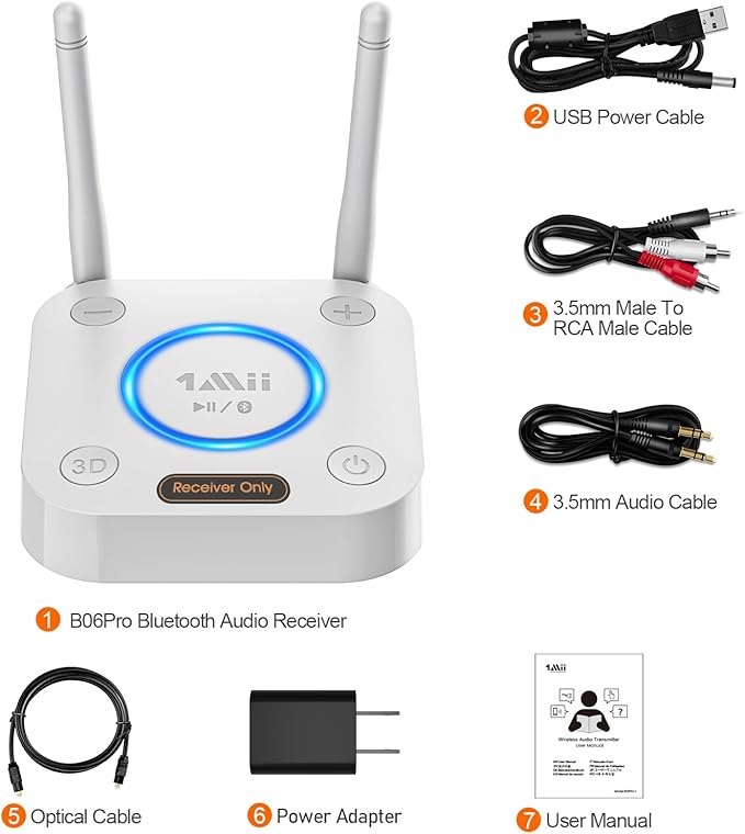 [Upgraded] 1Mii Bluetooth 5.1 Receiver, Long Range HiFi Bluetooth Audio Adapter w/ 3D Surround aptX HD Low Latency, Optical RCA AUX 3.5mm Coaxial for Home Stereo System - B06Pro Grey