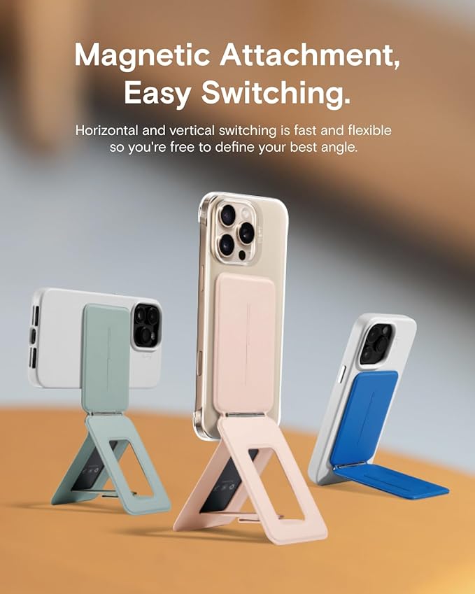 MOFT Phone Stand, Magnetic Phone Tripod Stand Stain-Resistant MOVAS Leather & Angle Adjustment & Strong Magnets Tripod for iPhone 16/15/14/13/12 (Included Metal Ring)-Peach Pink