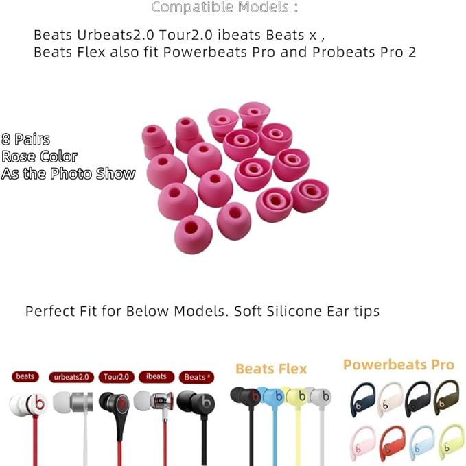 Replacement Ear Tips for Beats Urbeats2.0 Tour2.0 ibeats Beats x, Beats Flex Secure Fit for Powerbeats Pro Silicone Earbuds Washable Sweat-Resistant Noise Isolation 8 Pairs (Rose)