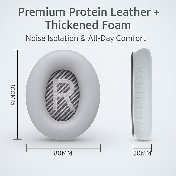 Premium Replacement Ear Pads for Bose QC2, QC15, QC25, QC35 I & II – Soft Protein Leather & Memory Foam Cushions – Enhanced Noise Isolation – Easy Installation Kit & Cleaning Cloth (Silver)