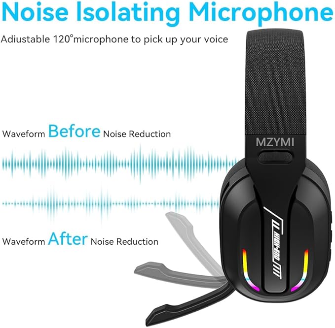 MZYMI 2.4GHz Wireless Gaming Headset for PC, PS5, PS4, Switch - Bluetooth 5.4, 20H Battery, with ENC Noise Canceling Microphone, Cool Lighting, 40mm Drivers,for Wired Mode Xbox Series -Black
