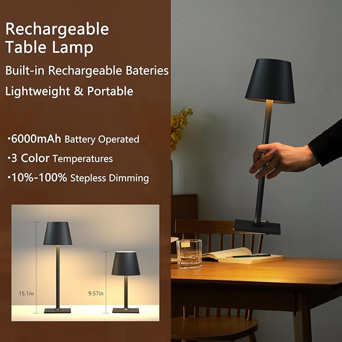 4 Pack Cordless Table Lamps, Portable Rechargeable Lamp, 6000mAh Battery Operated, 3 Color Dimmable LED Table Light for Restaurant/Bedroom/Outdoor Party/Camping/Cafe Night Light(Black)