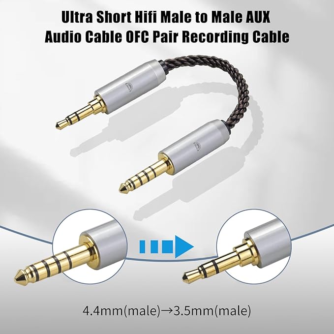 okcsc 4.4MM Male to 3.5MM Male Ultra Short Hifi Audio Cable - OFC Pair Recording Cable - 8-Core Braided Structure - 5.82 inch