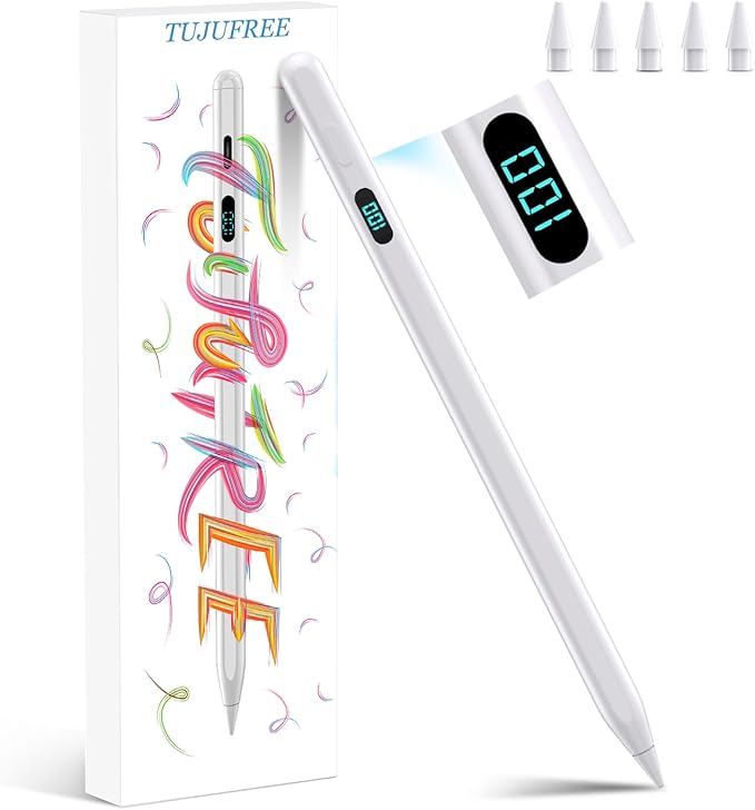 iPad Pencil with Magnetic&5 Extra Tips,USB-C Faster Charge,Stylus Pen Compatible with iPad 6-11th/A16,Air M3/M2/3-5th,Pro M4/11/12.9/13inch,Mini 5th-7th/A17Pro (White)