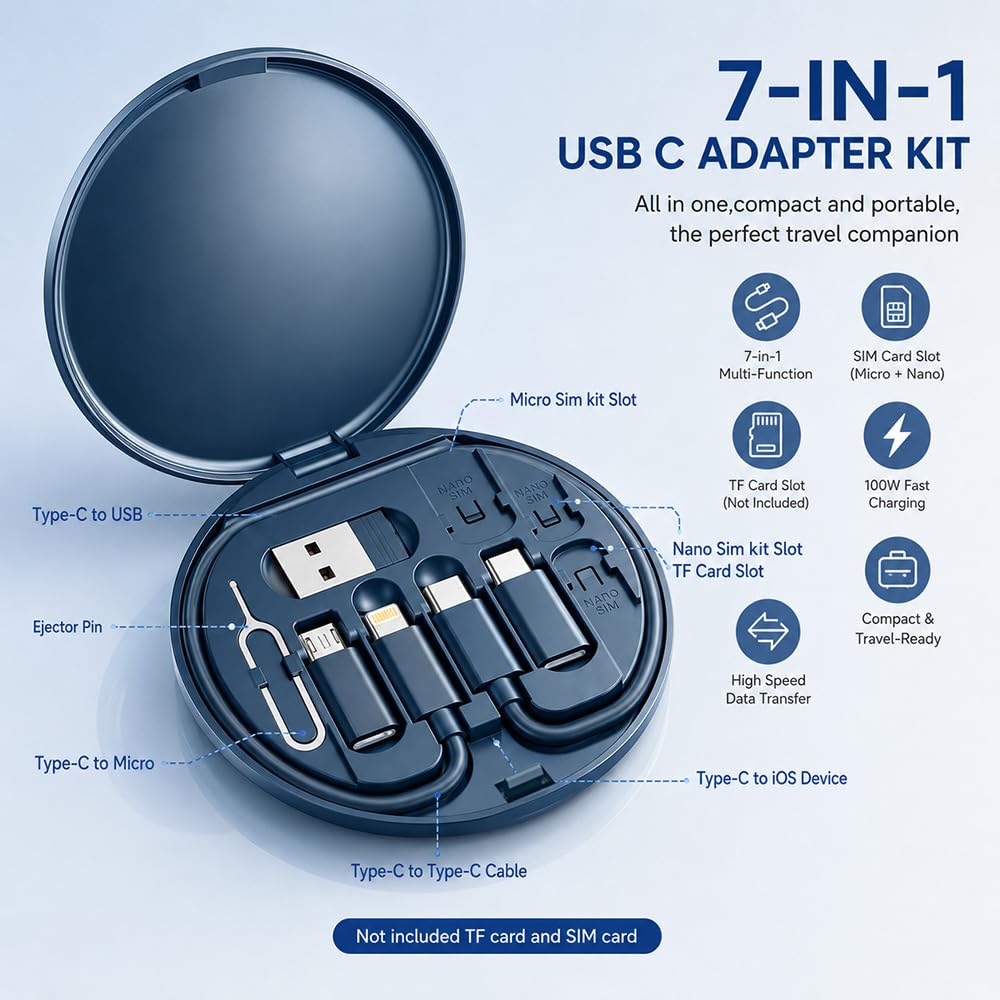 Yesimla USB C Adapter Kit, Multi Charging Cable Case Convertor USB C to iOS Device Type C Micro Adapter Data Transfer Contains Card Slot for Traveling, Use as Phone Holder(Midnight Blue)