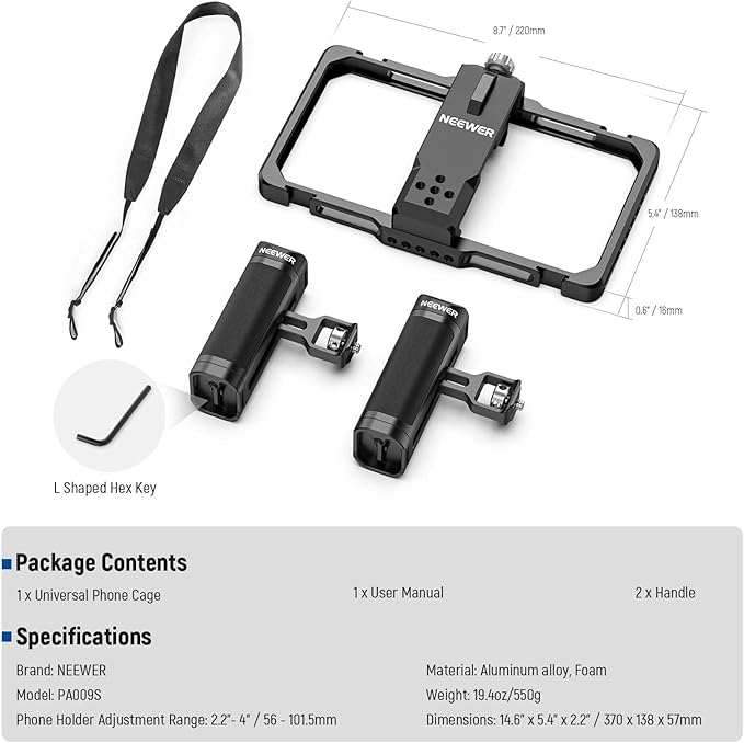 NEEWER Smartphone Video Rig with Neck Strap/Dual Handle/Lavalier Mic Clip Slot Compatible with SmallRig Video Recording Phone Cage Stabilizer for iPhone 16 15 Pro Max Galaxy S23 Pixel 8 Pro, PA009S
