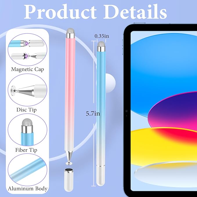 Stylus Pens for Touch Screens, 2 Pcs 2-in-1 Lightweight Magnetic iPad Pen