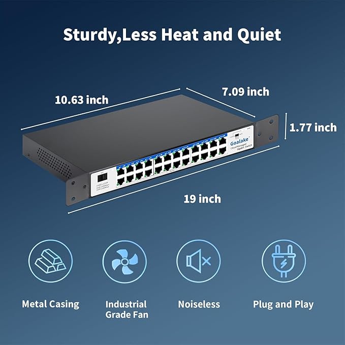 Easy Smart Managed Ethernet Switch, 24 Port Gigabit Switch,Network Hub, Ethernet Splitter, Plug & Play, Industrial Grade Fan Design, VLAN, Qos, Desktop or Wall Mount