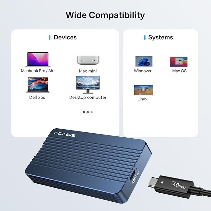 ACASIS 40Gbps M.2 NVMe SSD Enclosure, TBU405 for M1 M2 Pro/Max, Compatible with Thunderbolt 4/3/USB3.2/3.1/3.0/2.0, M.2 Enclosure Support SSD 2280/2260/2242/2230 B+M M-Key