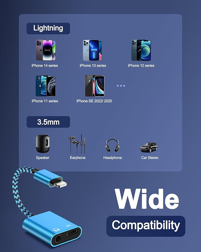 iPhone Headphone Adapter with Charge 2-in-1 Lightning to 3.5mm Female Aux Audio Jack Dual Converter Mfi Certified Apple Dongle Splitter + Charger Adaptor for iPhone 14 Pro Max 13 12 11 XR XS iPad Mini