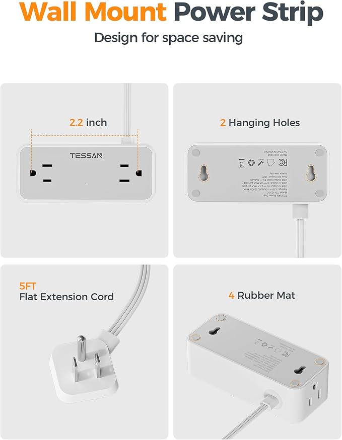TESSAN Extension Cord 5 FT, Power Strip with 900J Surge Protection, Grey