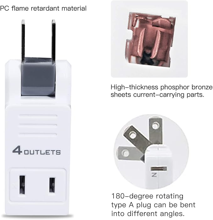 SYCON 2 Prong Swivel Wall Adapter, Electrical 4 Way Outlet Expander Plug, Multi Plug Extender Splitter, Multiple Ungrounded Mini Plug Wall Tap, Type A