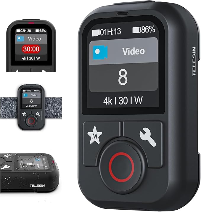 TELESIN T13 Waterproof Smart Remote Control with Color LCD Screen, 5-60m Wireless Remote with Wrist Strap, Compatible with GoPro Hero 13/12/11/10/9/8 Action Cameras