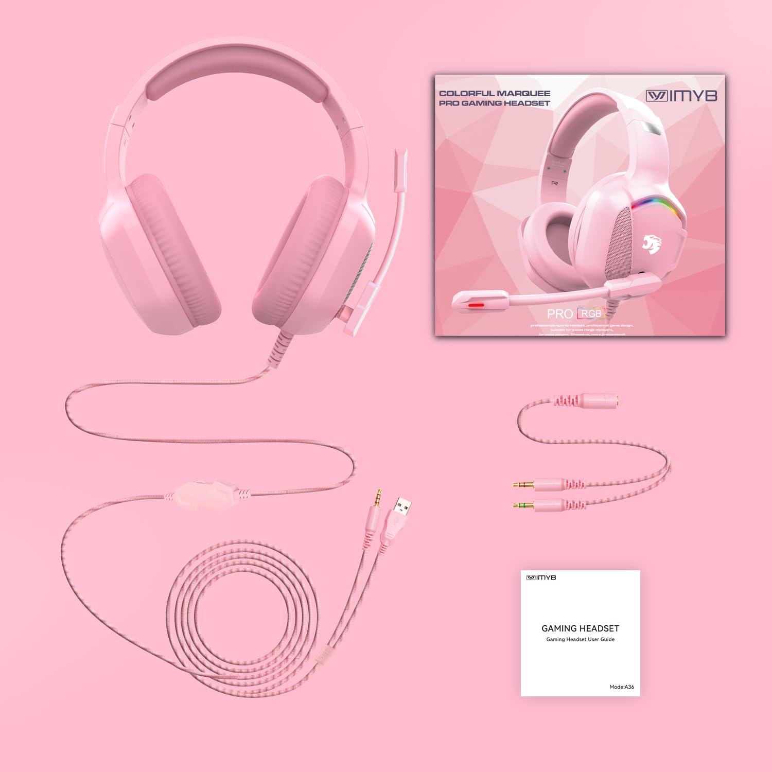 IMYB A36 Pink Gaming Headset with Mic Stereo Headphones for Pc, PS5, Xbox