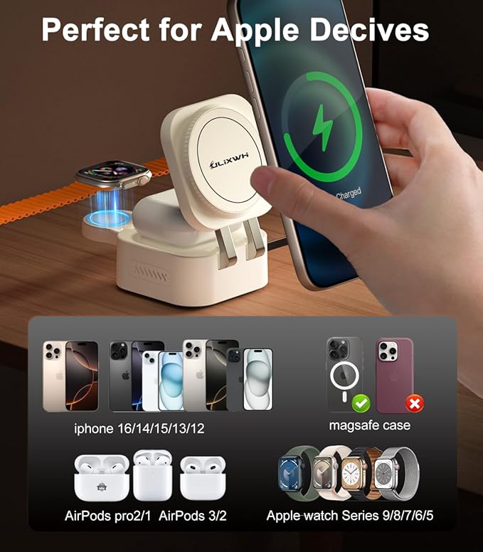 2025 Retractable 3 in 1 Charging Station for Apple,15W Fast for MagSafe Magnetic Wireless Charger with Retractable Cable, Foldable Travel Stand for iPhone 16 15 14 13 12 Pro Max iWatch Airpods