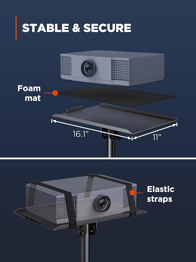 AMADA HOMEFURNISHING Foldable Projector Tripod, Multipurpose Laptop Stand with Removable Mouse Tray, Adjustable Height 25-63 Inch, Outdoor Movie Projector Stand, AMPS03