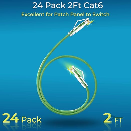 Rapink Patch Cables Cat6/ Cat6a 2ft (24 Pack) Slim, Cat6a Ethernet Patch Cable 20G Support, Snagless Cat 6 Patch Cable for Patch Panel to Switch, Flexiable Cat6 Ethernet Cable Green