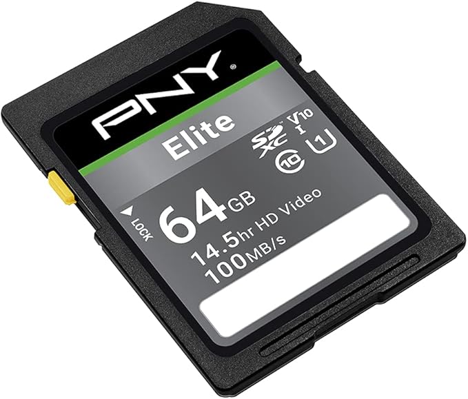 PNY 64GB Elite Class 10 U1 V10 SDXC Flash Memory Card - 100MB/s, Class 10, U1, V10, Full HD, UHS-I, Full Size SD (Pack of 1)