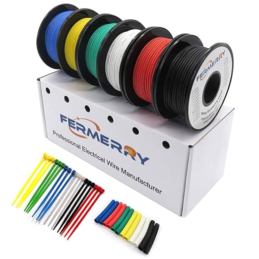 Fermerry 24 AWG Stranded Wire Spool 25ft Each 6 Colors Flexible 24 Gauge Silicone Hook up Wire Kit Electrical Tinned Copper Wire