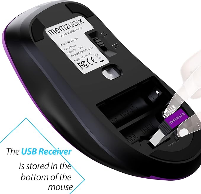 memzuoix 2.4G Wireless Mouse, 1400 DPI Computer Mice with USB Receiver, Portable Wireless USB Mouse Battery Powered Cordless Mice for Laptop, PC, Desktop, 5 Buttons, Purple