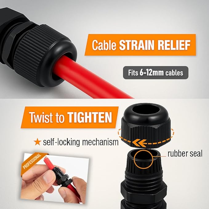 MGI SpeedWare 1/2" NPT Strain Relief Nylon Cord Grip Cable Glands, Black Plastic Grommet 5-Pack