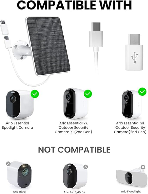 5W Solar Panel Charger Compatible with Arlo Essential 2K Outdoor Camera(2nd Gen)/Essential Outdoor XL(2nd Gen)/Essential Spotlight, IP65 Waterproof 10ft USB-C & Micro USB Cable & Wall Mount, 1 Pack